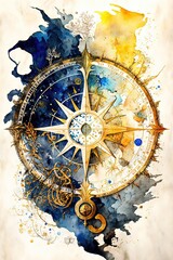 Fototapeta na wymiar Compass watercolor illustration blue and gold, treasure map astrolabe - Generative AI