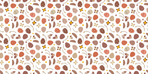 Retro brown Beige Easter spring seamless pattern with willow twigs and Easter eggs