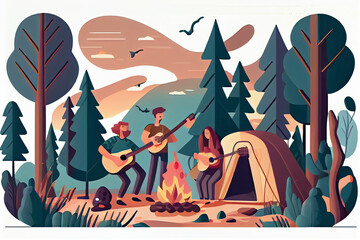 Obraz premium Happy family enjoying camping. Couple and kid playing guitar, singing at campfire flat vector illustration