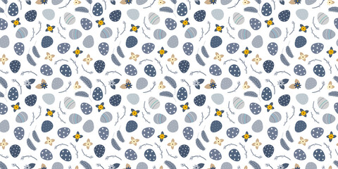 Blue Beige Easter spring seamless pattern with willow twigs and Easter eggs