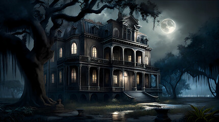 An old mansion set in a swamp. Exterior at night, full moon. AI generated illustration.