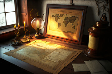 An antique-style workspace of a geographer or cartographer, complete with antique items and an old world map. Warm light, vintage feel. Perfect for evoking feelings of nostalgia. Generative AI