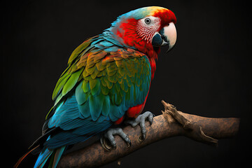 Fototapeta premium Beautiful colorful parrot sitting on a branch. An idea for a graphic for World Migratory Bird Day, created with Generative AI