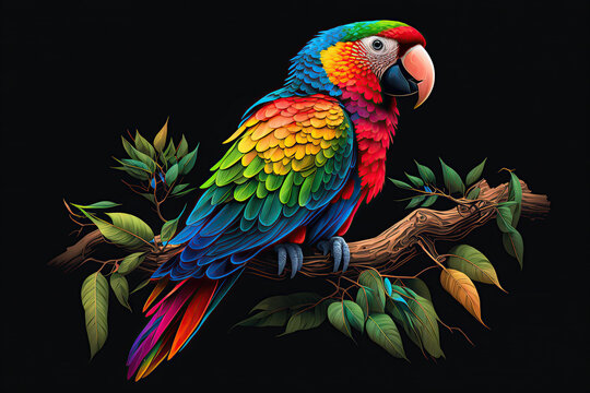 Beautiful colorful parrot sitting on a branch. An idea for a graphic for World Migratory Bird Day, created with Generative AI