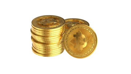 A stack of gold bitcoins on white background with bitcoin logo - 3d rendering 3d illustration