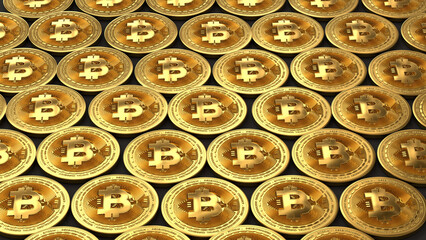Bitcoin grid made from realistic golden bitcoin - 3d rendering 3d illustration