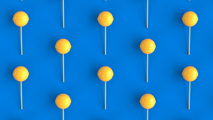 Yellow lollypop candy grid on blue background - 3d rendering 3d illustration