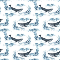 killer and humpback whale seamless pattern. watercolor arctic ice and ocean background