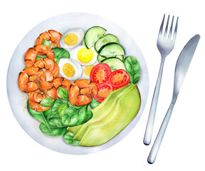 Ketogenic breakfast. Shrimps, quail eggs, spinach, tomatoes and cucumbers. Watercolor