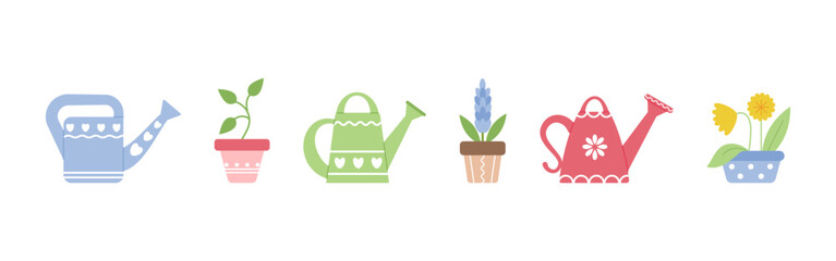 Seasonal garden set of beautiful watering cans and flowers in flower pots. Spring seedlings, watering flowers. Cute spring decor elements. Vector illustration - obrazy, fototapety, plakaty