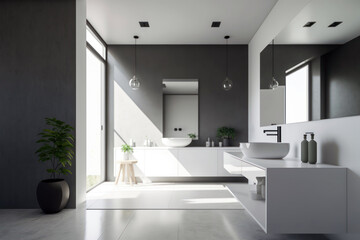 Fototapeta na wymiar Modern bathroom interior, minimal furniture with sinks and taps. Generative AI 