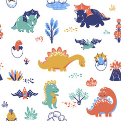 Cute dinosaurs and babies, seamless pattern with hand drawn vector art
