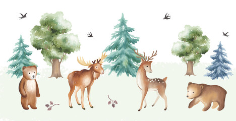 Forest animals - deer, moose, bear and trees, wall mural hand drawn art
