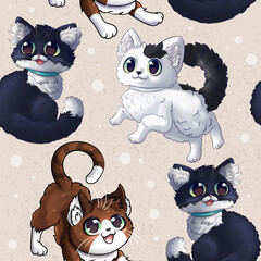 Cute anime cats, seamless pattern with hand drawn digital art

