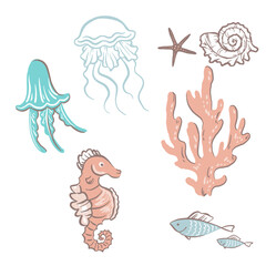 A set of icons with underwater animals, vector hand drawn art
