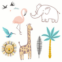 A set with tropical animals icons, vector hand drawn art
