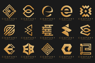 collection logos golden luxury with letters E. Geometrical abstract logos.