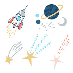Cosmos theme icons, set of hand drawn vector illustrations
