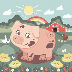 Cute pig in the farm, vector hand drawn art
