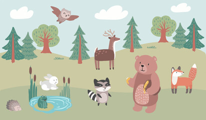 Cute forest scene with animals and landscape, vector hand drawn art
