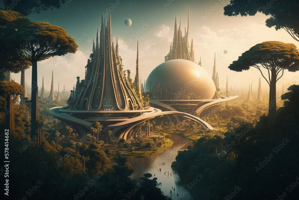 Wall mural futuristic city in the middle of the forest generative ai