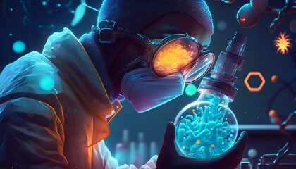 Doctor scientist professor investigating liquid colorful solutions in a futuristic lab. Generative AI