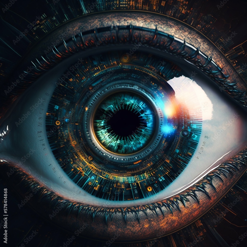 Poster human eye with binary code in pupil. generative ai