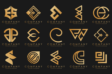 collection logos golden luxury with letters E. Geometrical abstract logos.