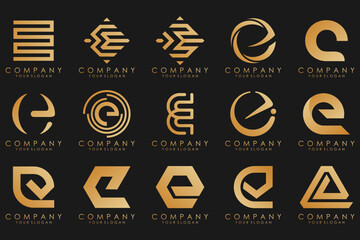 collection logos golden luxury with letters E. Geometrical abstract logos.