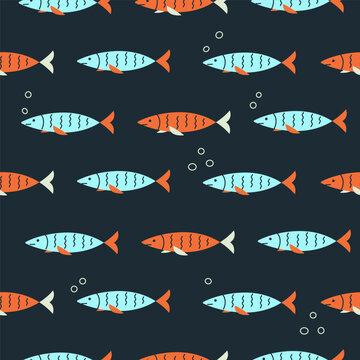 Colorful fishes on black background seamless pattern in flat style. Abstract sea repeat texture vector. Cute sea fabric design. Decorative fish print design for kids fabric or wallpaper