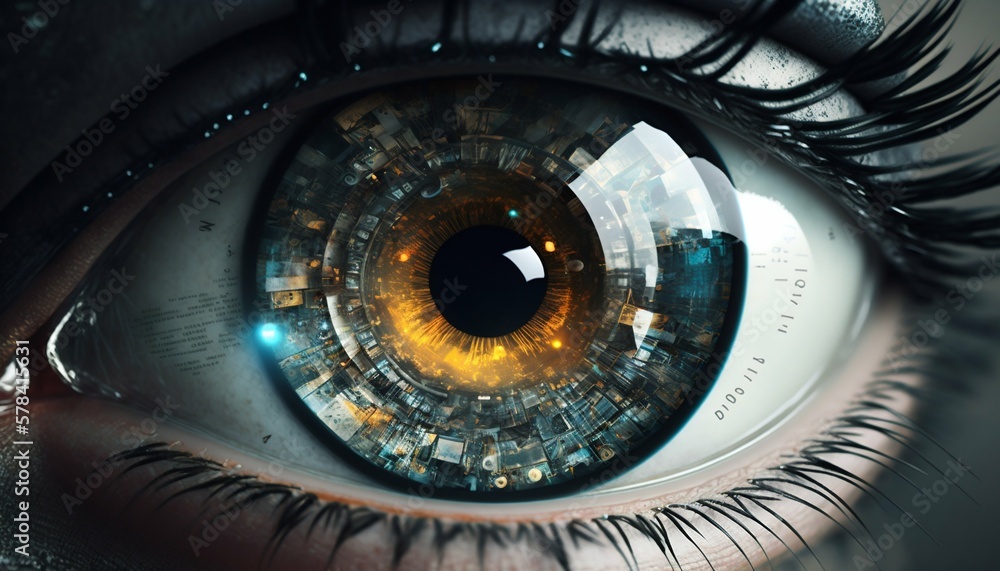 Poster human eye with binary code in pupil. generative ai