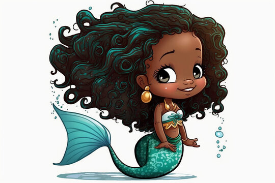 Mermaid with tail child black skin cartoon Generative AI