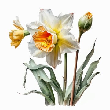 Narcissus flower isolated on white background. Watercolor illustration of a beautiful daffodil. Generative AI art.
