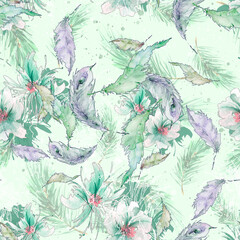 Seamless vintage pattern, flowers, Plant in watercolor. cedar branch, spruce, feather. Fashionable background. Abstract splash of paint. graphic flowers. Field bouquet. fashion illustration. aster, po