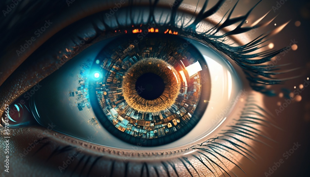 Poster human eye with binary code in pupil. generative ai