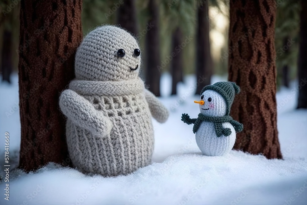 Poster the prettiest christmas tree and snowman in a snowy wilderness. using a wool crochet pattern generat