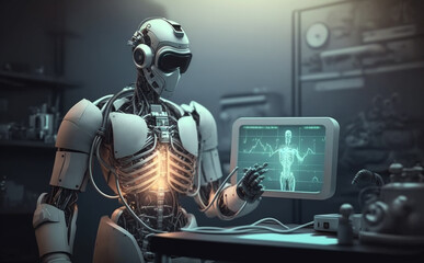 Obraz na płótnie Canvas A robot doctor works on a computer, Generative ai