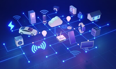 IOT home control system concept, 3D illustration. Automate and remotely control household devices through a network. Connecting devices and sensors, enabling a more efficient and seamless living.