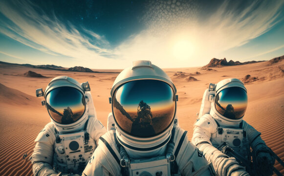 A group of astronauts take a selfie on an alien planet, Generative ai
