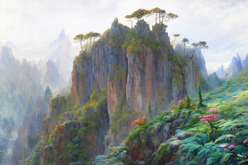 Mountainous Landndscape with the Morning Fog Generative AI Art