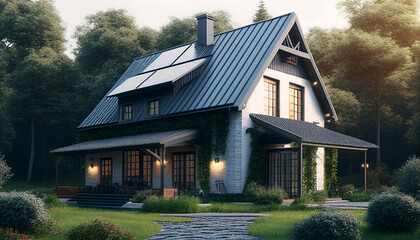 An eco friendly house with solar panels in the countryside, generative ai - obrazy, fototapety, plakaty