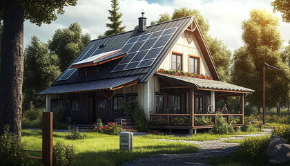 Fototapeta na wymiar An eco friendly house with solar panels in the countryside, generative ai