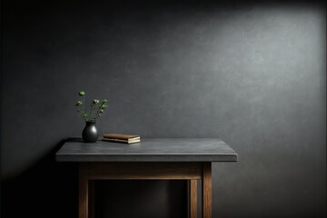 The empty wooden desk tabletop on a dark abstract cement wall with copy space interior texture for display products