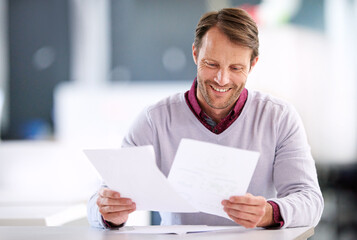 I finally got all this paperwork sorted. a mature businessman reading paperwork while sitting in an office.