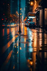 Night rainy city road streets. Generative AI