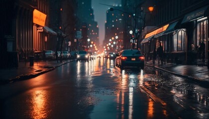 Night rainy city road streets. Generative AI