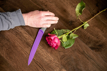 Fototapeta na wymiar Hand holding knife on floor next rose murder scene