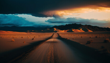 Desert road and sandy dunes with storm approaching