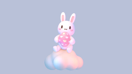 3d rendered cute bunny holding an Easter egg sitting on a cloud.