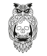 Obraz premium Vector illustration. Owl tattoo holding a skull. White isolated background